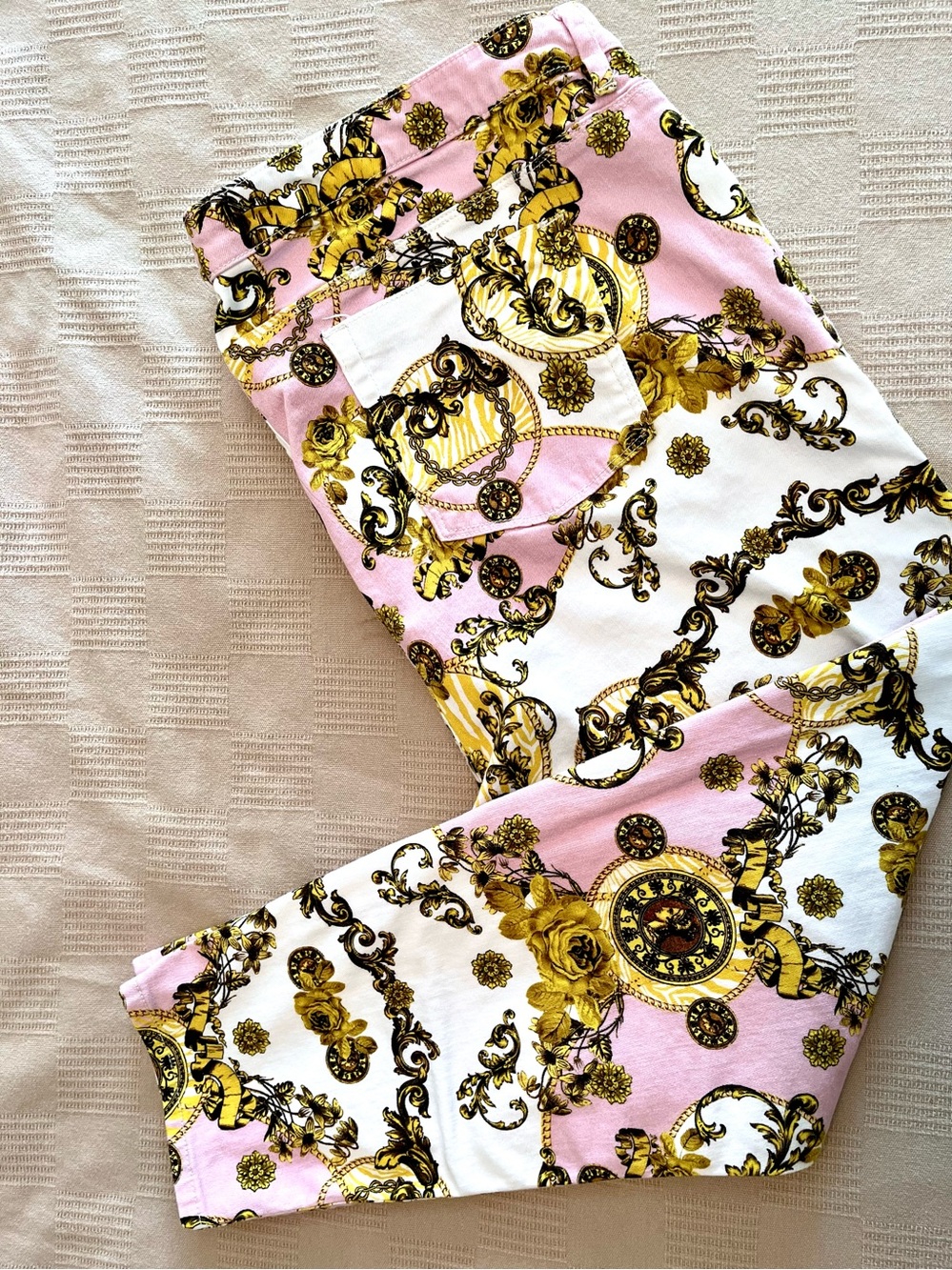 ASOS Pink, White and Gold Baroque Print jeans